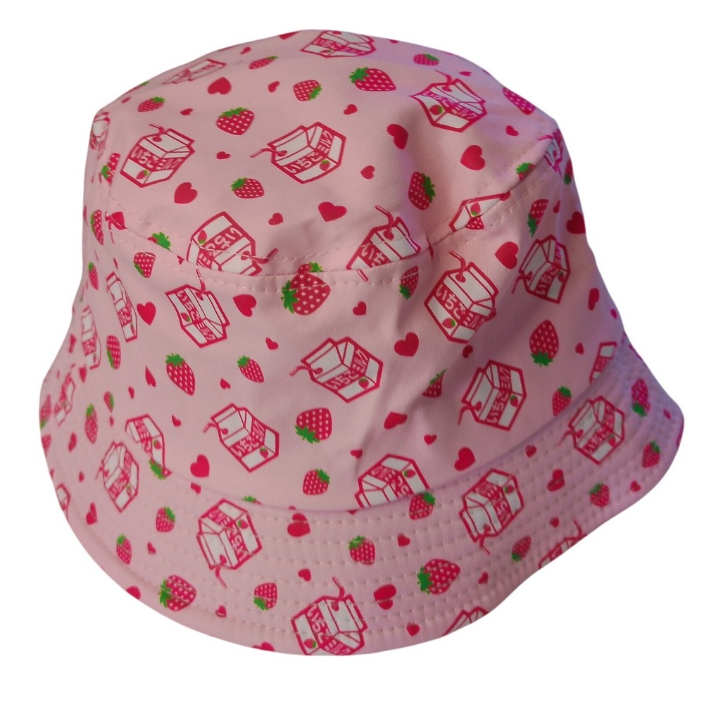 Pink Strawberry Milk Carton Heart Bucket Hat Kawaii Harajuku Pastel KT479 NWOT